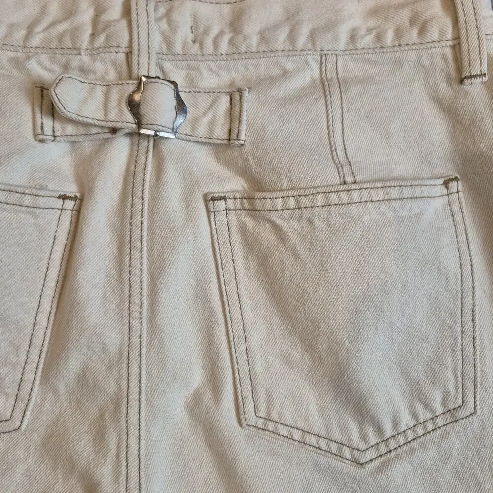 We The Free Crop Barrel Jeans Women 29 Ivory Button Fly FP Denim Frayed Hem Hi - Picture 9 of 10